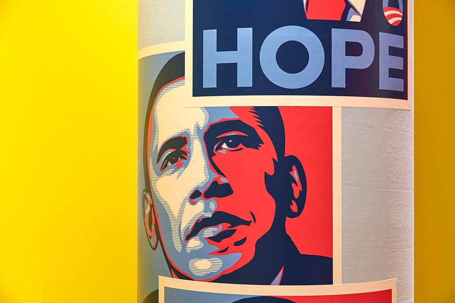 Shepard Fairey's iconic HOPE poster for Barack Obama's 2008 campaign on view in "Hope to Nope" at the Design Museum, London. Photo courtesy of the Design Museum.