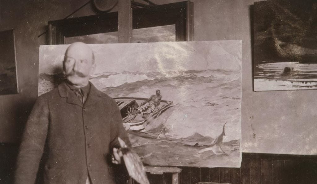 Winslow Homer with <em>The Gulf Stream</em> in his studio, (c. 1900), by an unidentified photographer. Photo courtesy of the Bowdoin College Museum of Art.