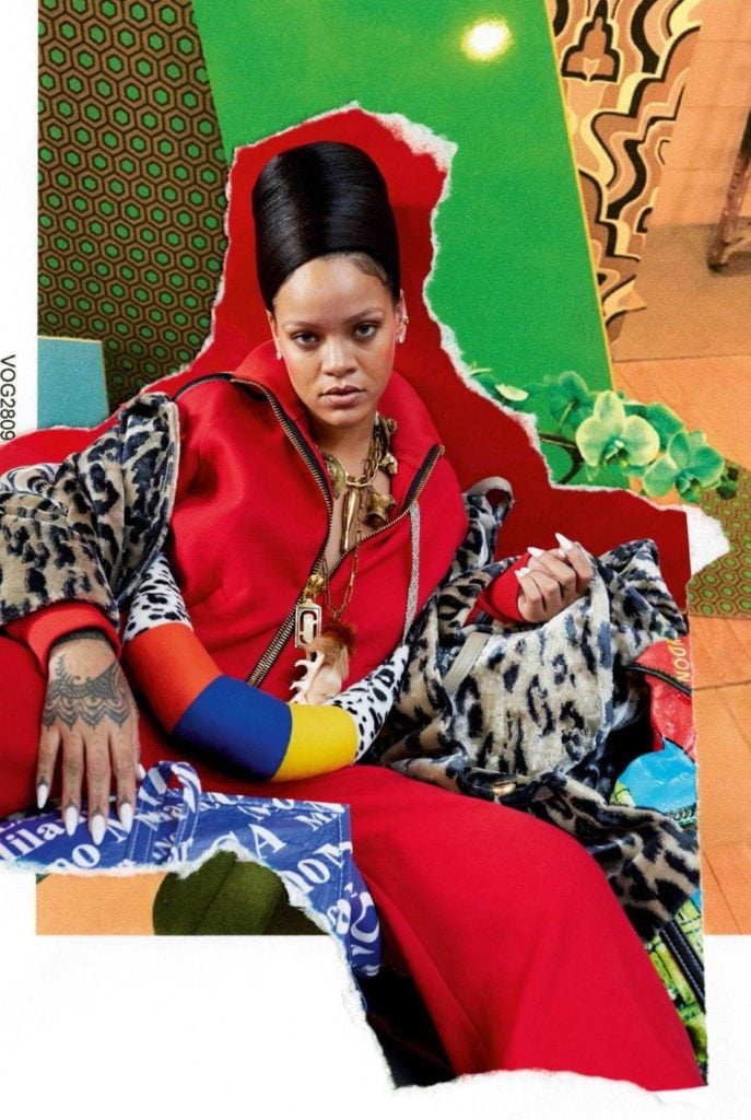 Juergen Teller took this photograph of Rihanna for Vogue Paris, but the style is similar to the work of Mickalene Thomas. Photo courtesy of Vogue Paris.