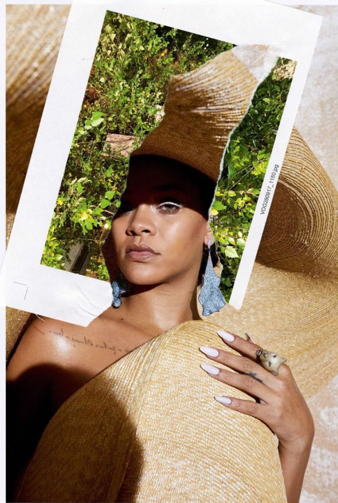 Juergen Teller took this photograph of Rihanna for <em>Vogue Paris</em>, but the style is similar to the work of Mickalene Thomas. Photo courtesy of <em>Vogue Paris</em>.