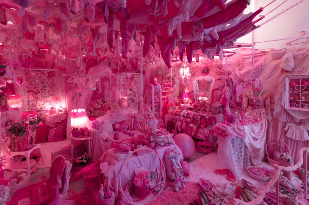 Portia Munson, <em>Pink Project; Bedroom</em> (1994–2018), installation view at the FLAG Art Foundation, 2018. Photo by Steven Probert, courtesy of the FLAG Art Foundtion.
