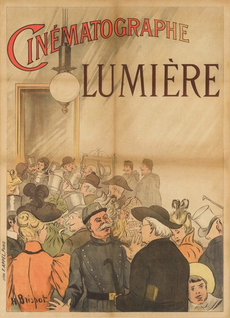 Henri Brispot, Cinématographe Lumière (1896). This poster was created for the Lumière Brothers on the occasion of the world's first-ever public film screening. It is thought to be the world's first movie poster. Courtesy of Sotheby's London.