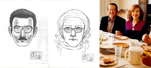 A police sketch of the suspects in the 1985 de Kooning heist released shortly after the crime took place, and a photograph of Jerry and Rita Alter at Thanksgiving dinner in Tucson the day before the robbery. Image courtesy of the police department and Ron Roseman.