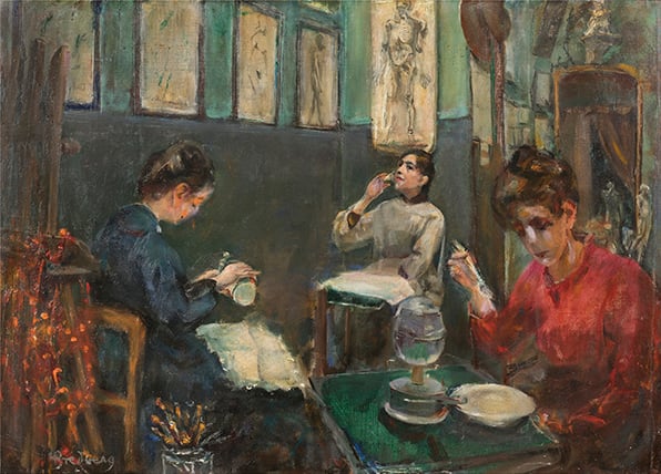 Mina Carlson-Bredberg, <em>Académie Julian, Mademoiselle Beson Drinking from a Glass</em> (circa 1884). Courtesy of the Dorsia Hotel, Gothenburg, Sweden/the American Federation of Arts.