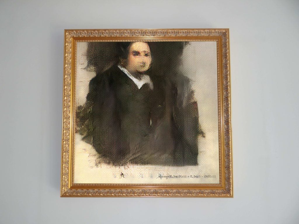 𝒎𝒊𝒏 𝑮 𝒎𝒂𝒙 𝑫 𝔼𝒙 [𝒍𝒐𝒈 𝑫 (𝒙))] + 𝔼𝒛 [𝒍𝒐𝒈(𝟏 − 𝑫(𝑮(𝒛)))], Portrait of Edmond de Belamy, from La Famille de Belamy. Courtesy Christie's Images Ltd.