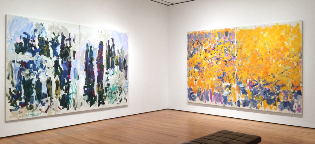 Left: Joan Mitchell, <em>Taillade</em> (1990). Right: Joan Mitchell, <em>Wood, Wind, No Tuba</em> (1980). Photo courtesy of the Museum of Modern Art, ©estate of Joan Mitchell.