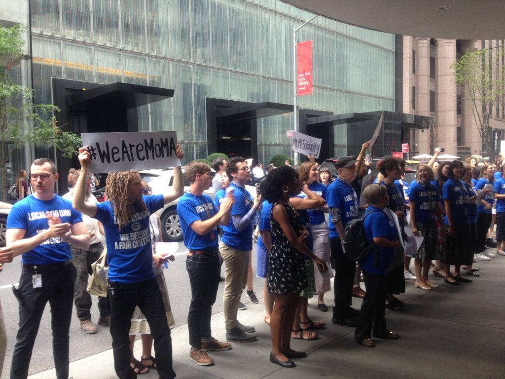 MoMA union worker protest at the Museum of Modern Art. Photo by Sarah Cascone. 