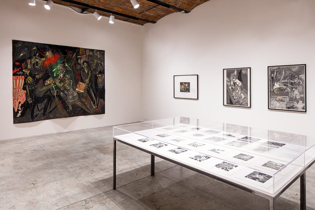 Installation view of "Sue Coe: Graphic Resistance" at MoMA PS1. Photo by Matthew Septimus, courtesy MoMA PS1.
