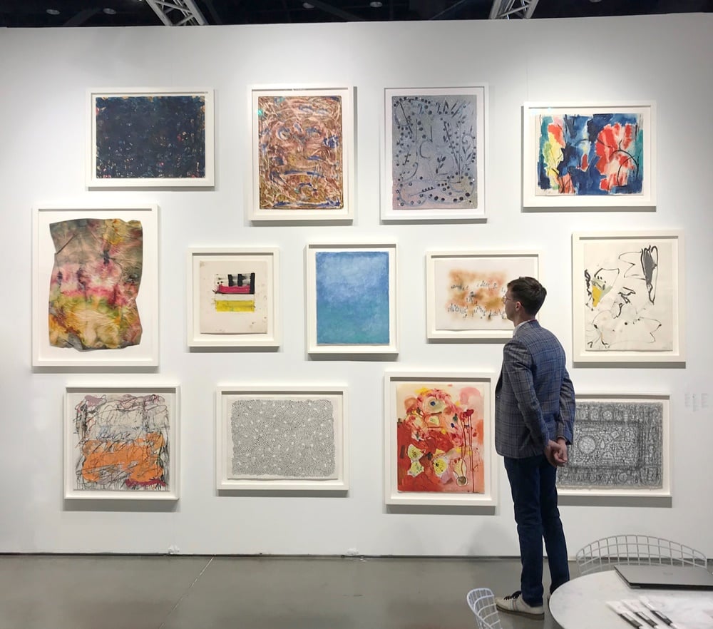 Michael Rosenfeld Gallery at Seattle Art Fair, featuring works by Norman Bluhm, Alfonso Ossorio, William T. Williams, Alma Thomas (Top Row); Sam Gilliam, Alfred Leslie, Beauford Delaney, Norman Lewis, Grace Hartigan (Middle Row); Michael Goldberg, Claire Falkenstein, Hans Hofmann, Richard Pousette-Dart (Bottom Row). Courtesy of Michael Rosenfeld Gallery LLC, New York, NY.