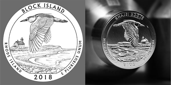 Line art and the metallic die used for striking the 2018 America the Beautiful Quarter for Block Island National Wildlife Refuge located in Rhode Island, designed by Chris Costello and sculpted by Phebe Hemphill. Photo courtesy of the US Mint.