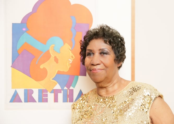 Aretha Franklin with her portrait by Milton Glaser at the Smithsonian’s National Portrait Gallery. Photo courtesy of Angela Pham/BFA.
