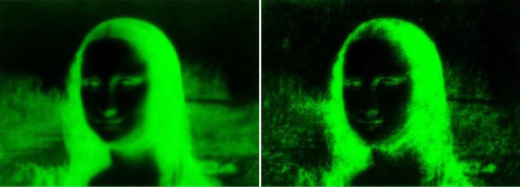 Scientists grew this portrait of Leonardo da Vinci's Mona Lisa from different types of E. coli bacteria. Here you can see how the scientists were able to improve the sharpness of the 