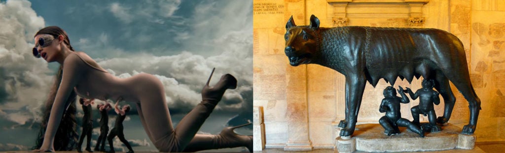 Left: Screenshot of Ariana Grande's "God Is a Woman" (2018); right: The Capitoline She-Wolf (5th century BC) at the Capitoline Museum, Rome.