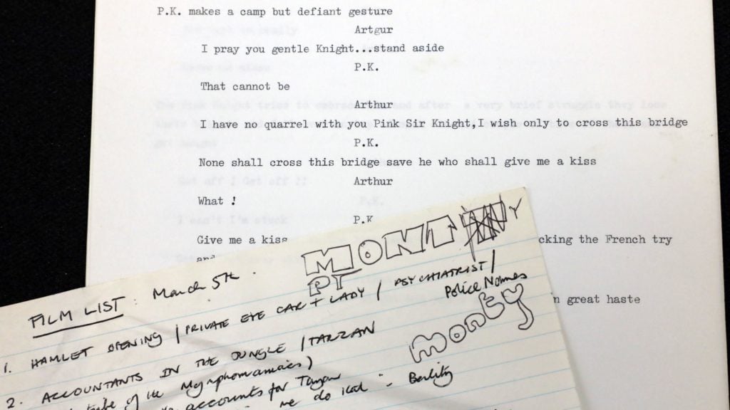 The scripts from unseen Monty Python sketches include doodles in the margins. Photo courtesy of the British Library.