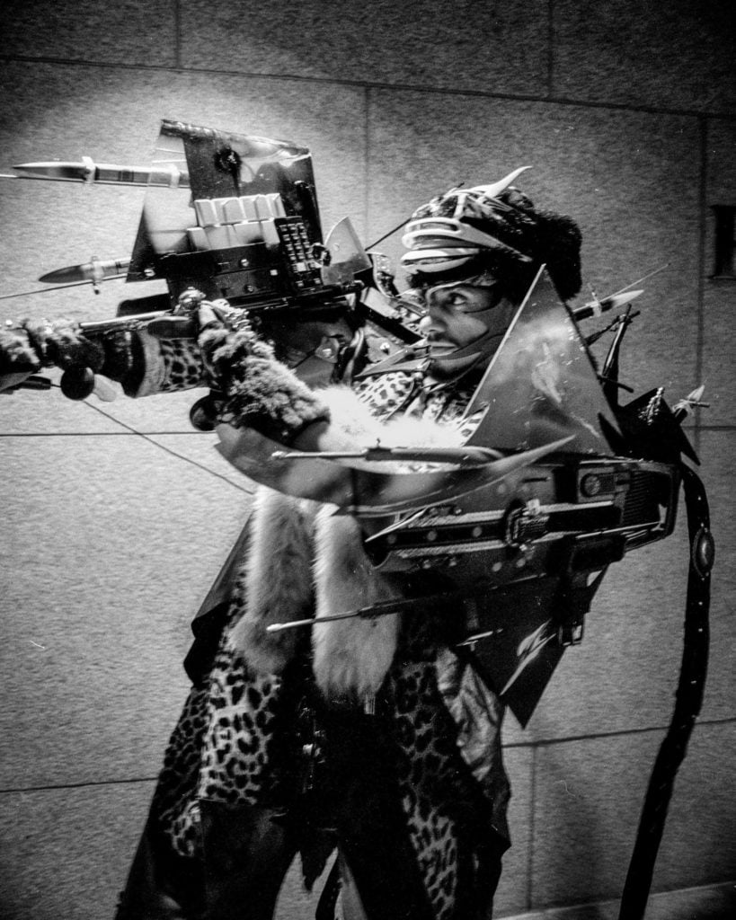 Rammellzee, <em>Hip-hop ’til you drop</em> performance at the Whitney Museum of American Art, New York, (1989). Photo by Brian Williams, courtesy of Red Bull Arts New York.