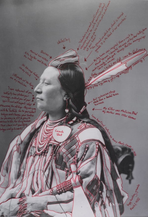 Wendy Red Star, of the Apsáalooke (Crow) tribe Alaxchiiaahush/Many War Achievements/Plenty Coups (2014) from the series "1880 Crow Peace Delegation." Artist-manipulated photograph by C.M. (Charles Milton) Bell, National Anthropological Archives, Smithsonian Institution. Brooklyn Museum; Elizabeth A. Sackler Center for Feminist Art, gift of Loren G. Lipson. Photo by Jonathan Dorado, Brooklyn Museum.