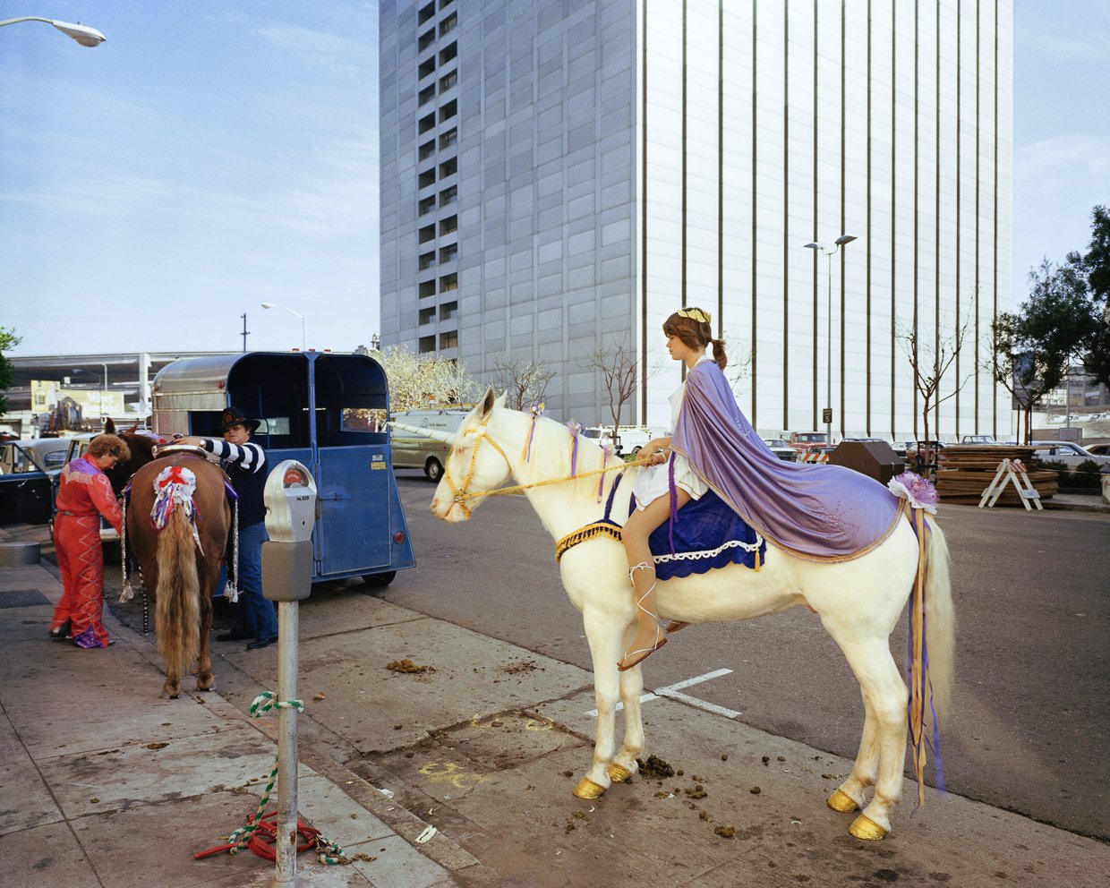 Janet Delaney, Unicorn With Gold Hooves, Veteran's Day Parade (1980) from project "South of Market." Photo ©Janet Delaney.