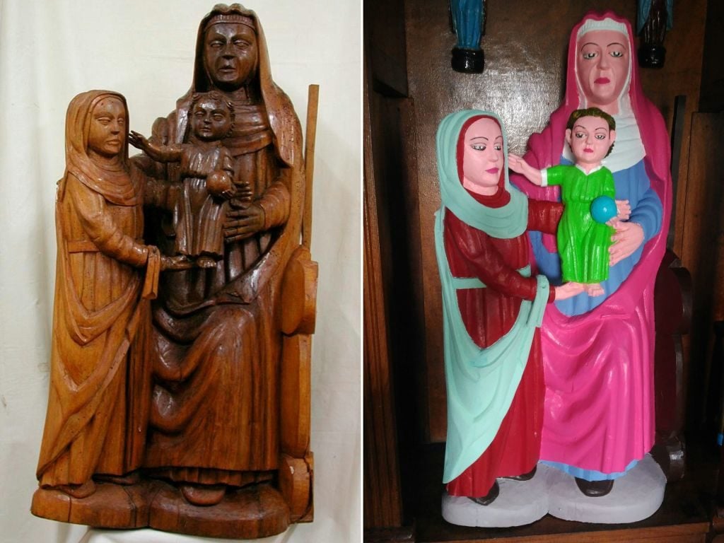 At left, the 15th-century statue of Virgin Mary before being "restored" (right) by a local woman in Asturias, Spain. Photo DSF/AFP/Getty Images.