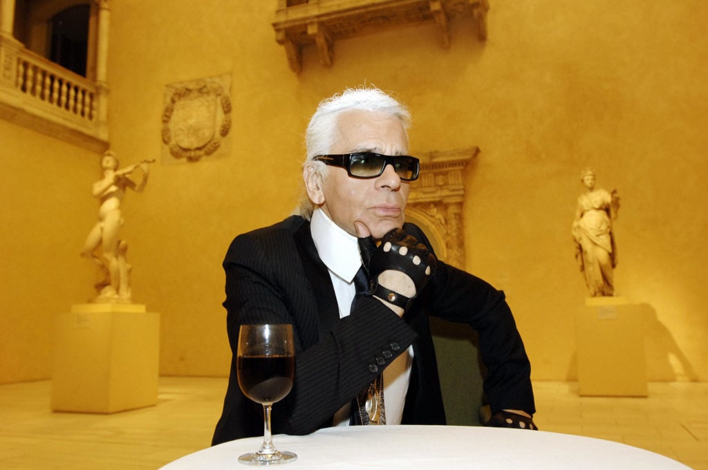 Fashion designer and creative director of Chanel, Karl Lagerfeld at the press preview for "Chanel", an exhibition of the history of the fashion house's history, at the Metropolitan Museum of Art in New York in 2005. Photo courtesy of Stan Honda/AFP/Getty Images.