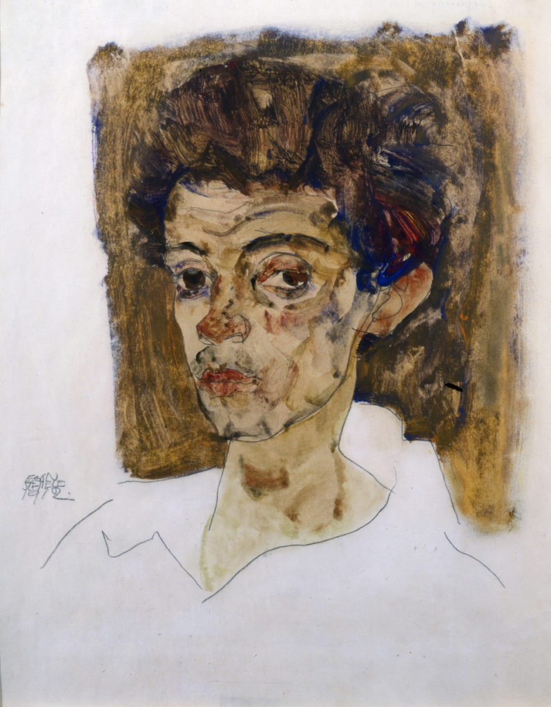 Egon Schiele, Self-Portrait with Brown Background, (1912). Courtesy of Galerie St. Etienne.