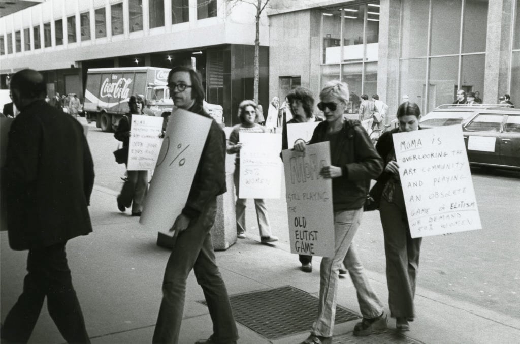 Nancy Spero protesting at the MoMA in 1976. Photo by Mary-Beth Edelson. Courtesy Galerie Lelong.
