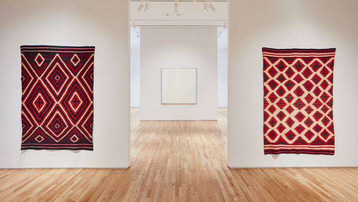 Installation view of "Agnes Martin/Navajo Blankets." Photo courtesy of Pace Gallery.