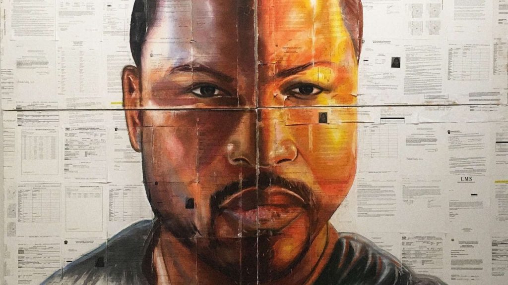 Russell Craig, who served time in prison for a non-violent drug offense, made this self-portrait on top of his court document. Photo courtesy of the artist.