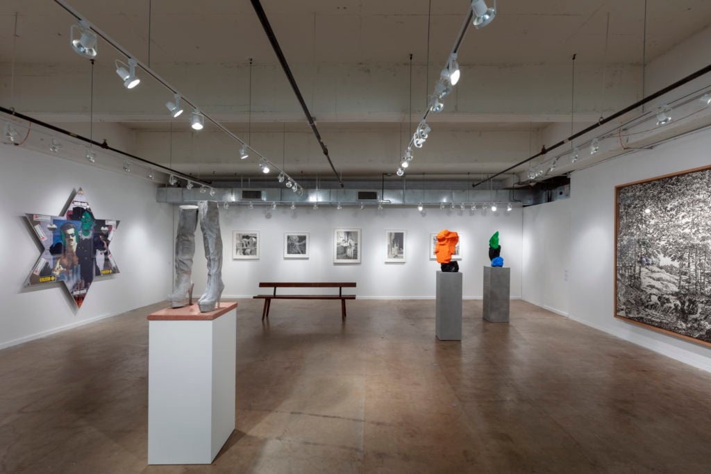 Sadie Coles HQ's booth at the 2019 Dallas Art Fair, including works by Sarah Lucas, Jordan Wolfson, Ugo Rondinone, and Michele Abelas. © The artists, courtesy Sadie Coles HQ, London. Photography by Kevin Todora.