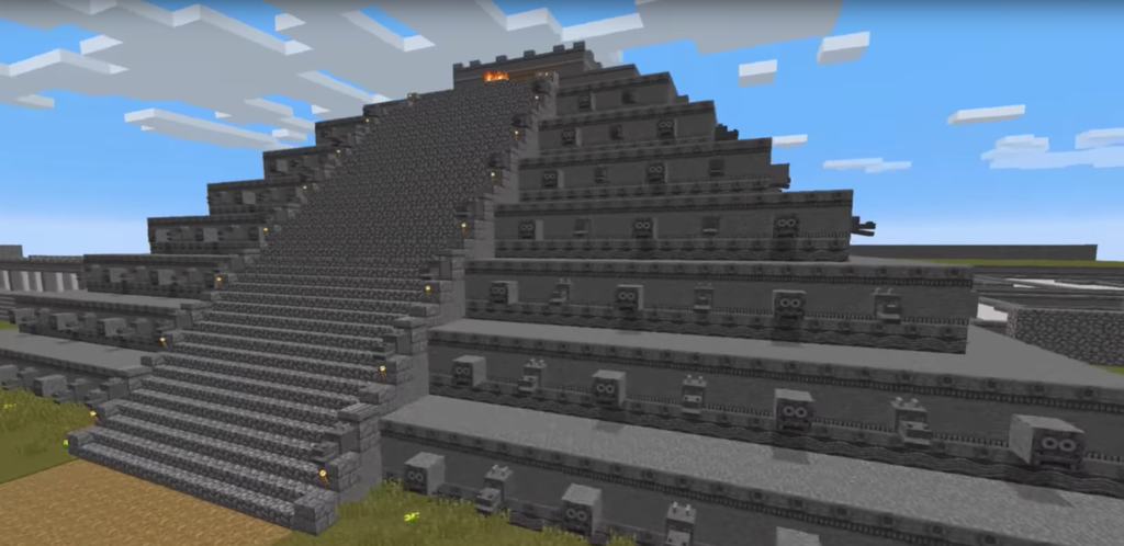 A view of the Minecraft recreation of the famed Mesoamerican pyramid from “Teotihuacan: City of Water, City of Fire.” Image courtesy of the de Young Museum.
