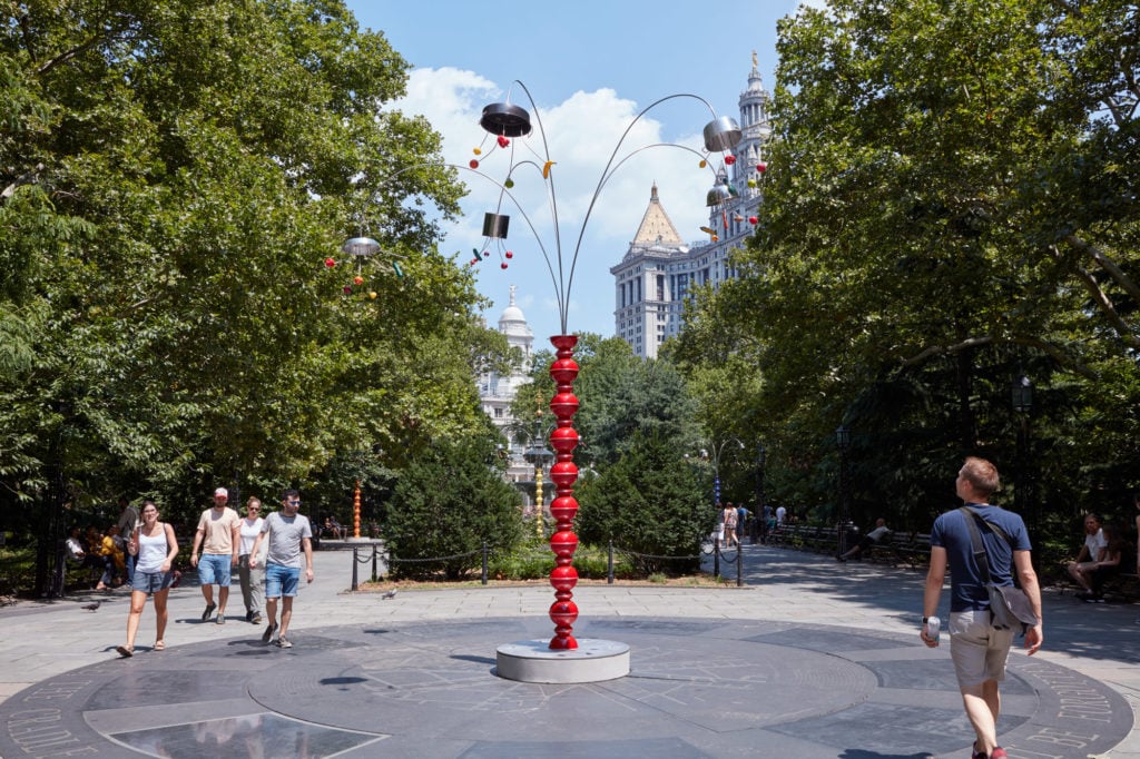 "B. Wurtz: Kitchen Trees" on view at City Hall Park. Photo by Jason Wyche courtesy of the artist; Metro Pictures, New York; Kate MacGarry, London; Maisterravalbuena Madrid/Lisboa; Richard Telles Fine Art, Los Angeles; and the Public Art Fund, New York.