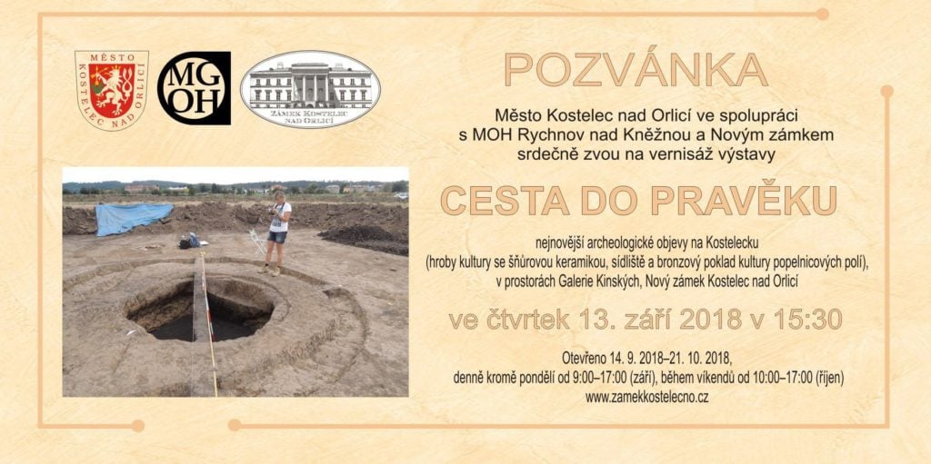 A flyer for the town of Kostelec nad Orlicí's exhibition "Journey to the Beginning of Time," featuring Bronze Age artifacts discovered by a local dog named Monty. Image courtesy of Hradec Králové Region. 