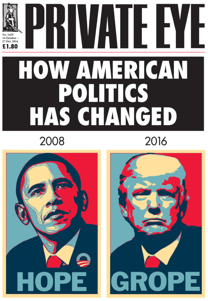 The October 2016 cover of the British satire magazine <em>Private Eye</em>.