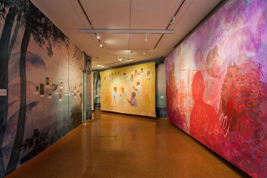 Installation view of "Firelei Báez: Joy Out of Fire" at the Schomburg Center for Research in Black Culture. Image courtesy the Studio Museum in Harlem.