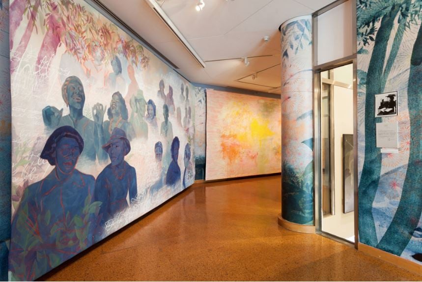 Installation view of "Firelei Báez: Joy Out of Fire" at the Schomburg Center for Research in Black Culture. Image courtesy the Studio Museum in Harlem.