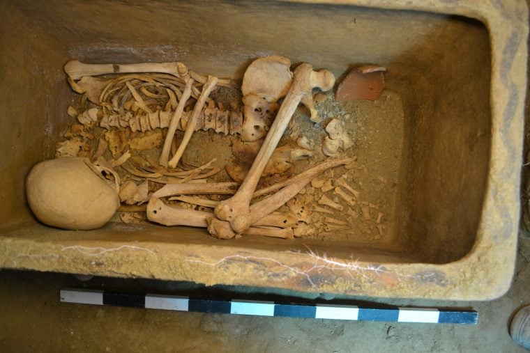 One of two skeletons from an ancient Minoan tomb discovered in Crete. Courtesy of the Greek Ministry of Culture.