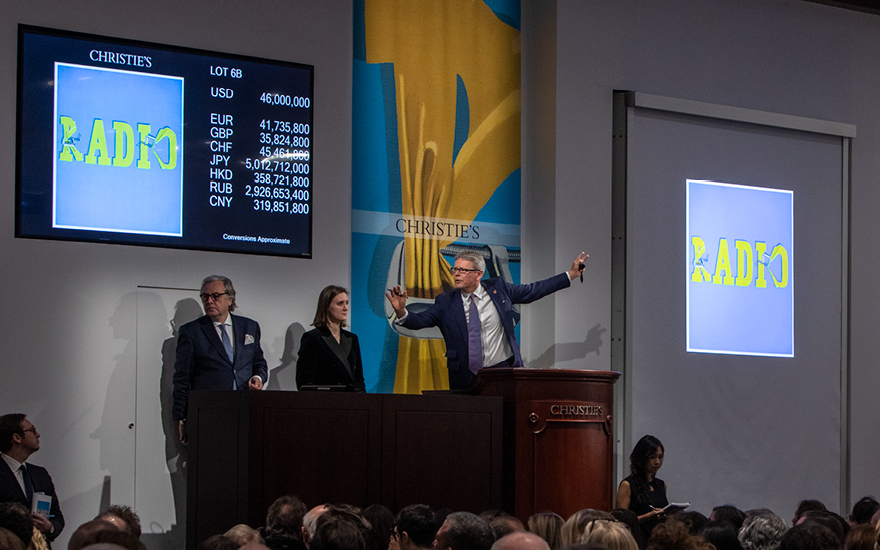 Auctioneer and Christie's global president Jussi Pylkkänen takes bids at the auction house's postwar and contemporary evening sale in New York in November 2019. Image courtesy of Christie's Images Ltd.