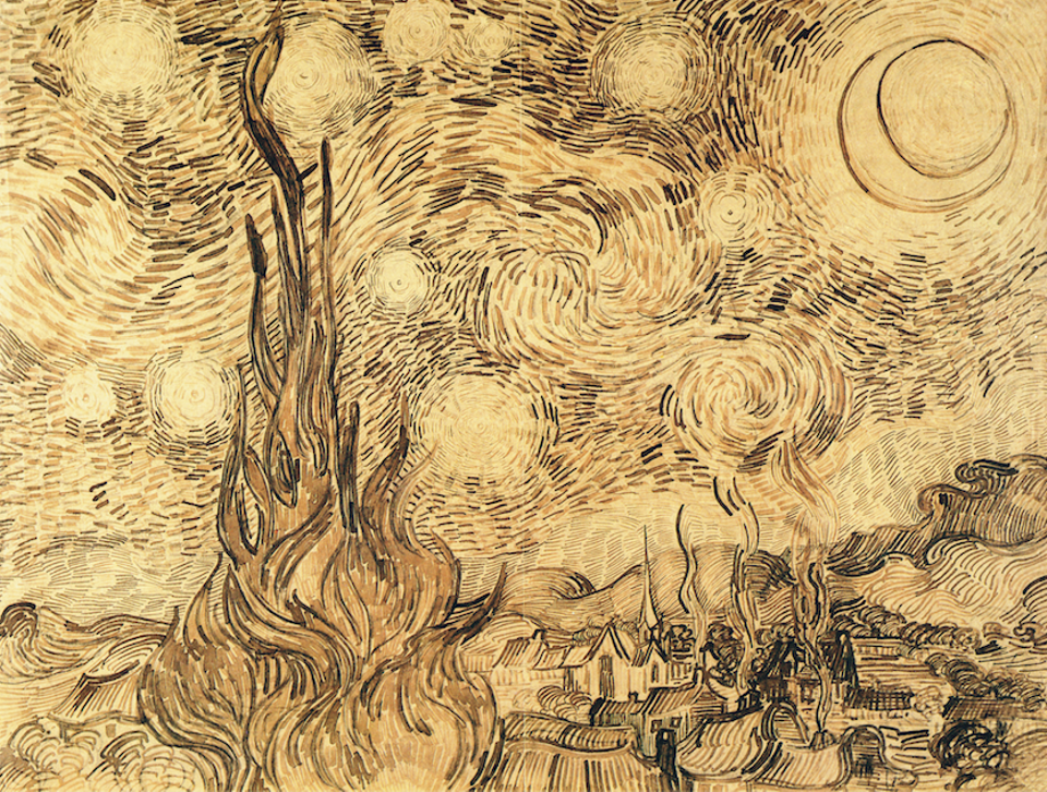 Van Gogh, <em>Starry Night (drawing)</em>, 1889. Part of the collection of the Bremen Kunsthalle, it is now held by the Russian government. 