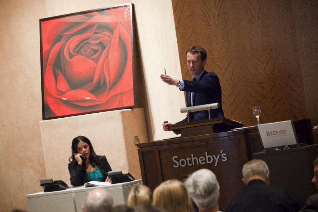 Auctioneer Tobias Meyer auctions off Robert Longo's <em?Untitled (November 2)</em> and other art from Lehman Brothers' collection at Sotheby's on September 25, 2010 in New York Photo by Michael Nagle/Getty Images.