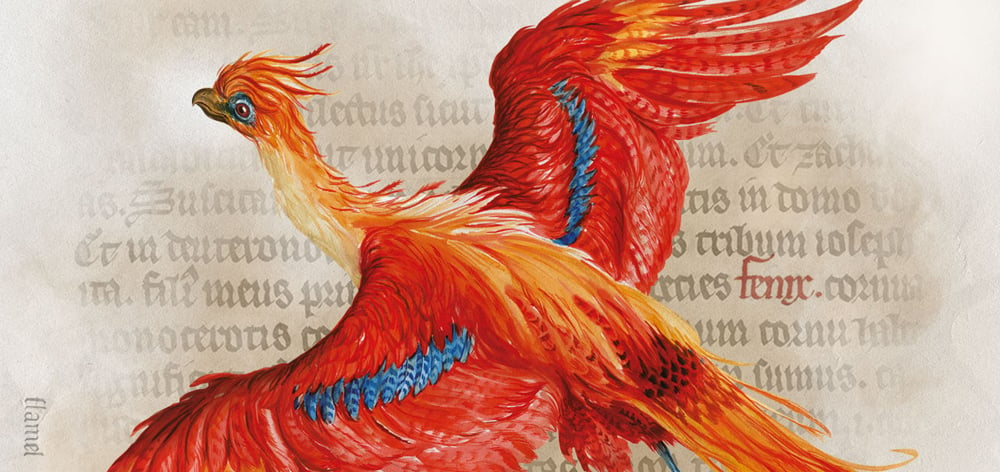 Study of the phoenix by Jim Kay. On loan from Bloomsbury Publishing. Background image is a detail from a Medieval Bestiary (England, 13th century). ©Bloomsbury Publishing Plc 2016. Original design by the British Library 2017.