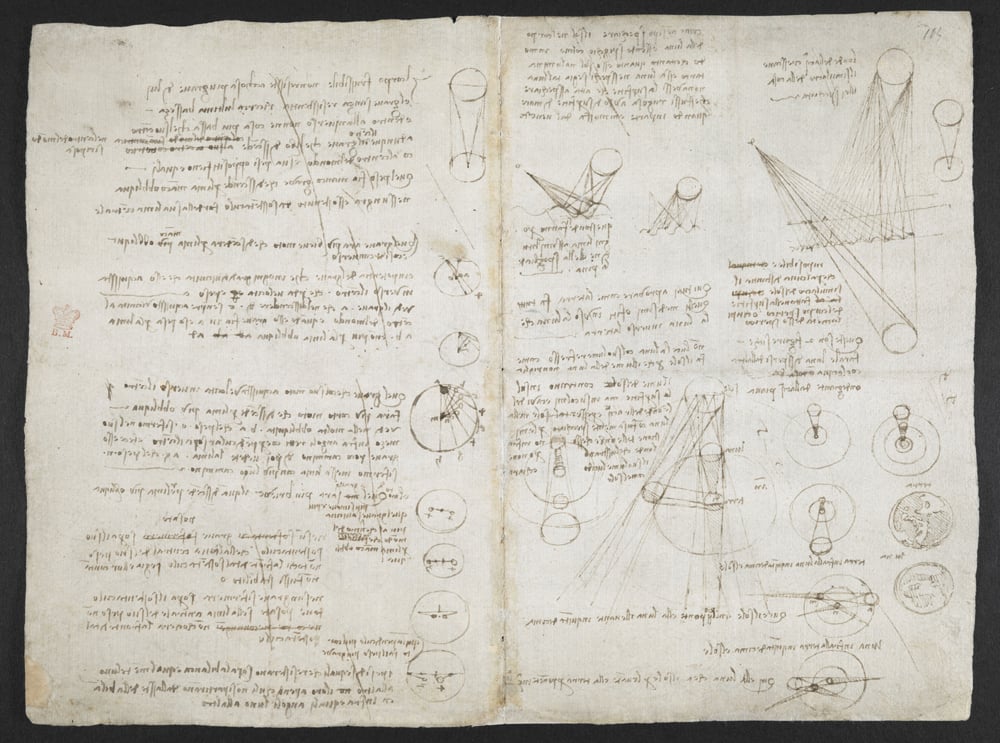 Leonardo da Vinci’s notebook (Italy, circa. 1506–08), written in mirror handwriting. The Renaissance great incorrectly theorized that the Moon was covered in water and that the Earth is the center of the universe. ©British Library Board