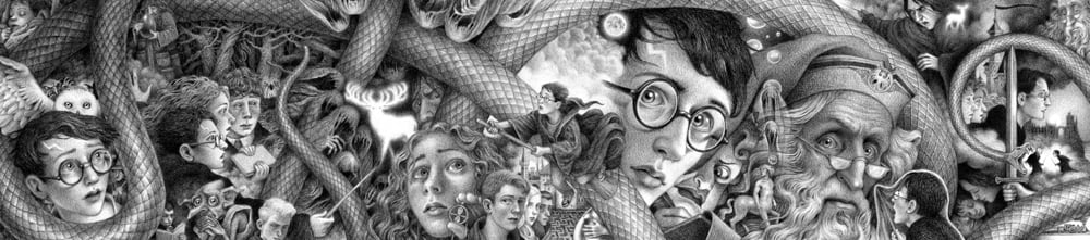 Cover art for the Harry Potter illustrated book series by Brian Selznick US (2018). For the 20th anniversary of the publication of Harry Potter and the Sorcerer’s Stone in the United States, Scholastic commissioned Brian Selznick to reimagine the cover art for the entire Harry Potter series. Selznick designed the seven covers as a single image that tells the story of the Boy Who Lived from his arrival on Privet Drive to the Battle of Hogwarts. ©Brian Selznick 2018 courtesy of Scholastic Inc.