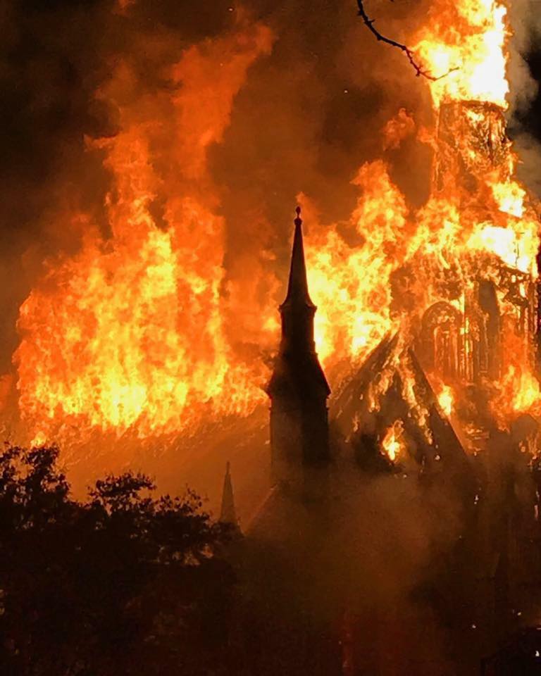 The First Baptist Church in Wakefield, Massachusetts, on fire. Photo courtesy of Marty Wisniewski.