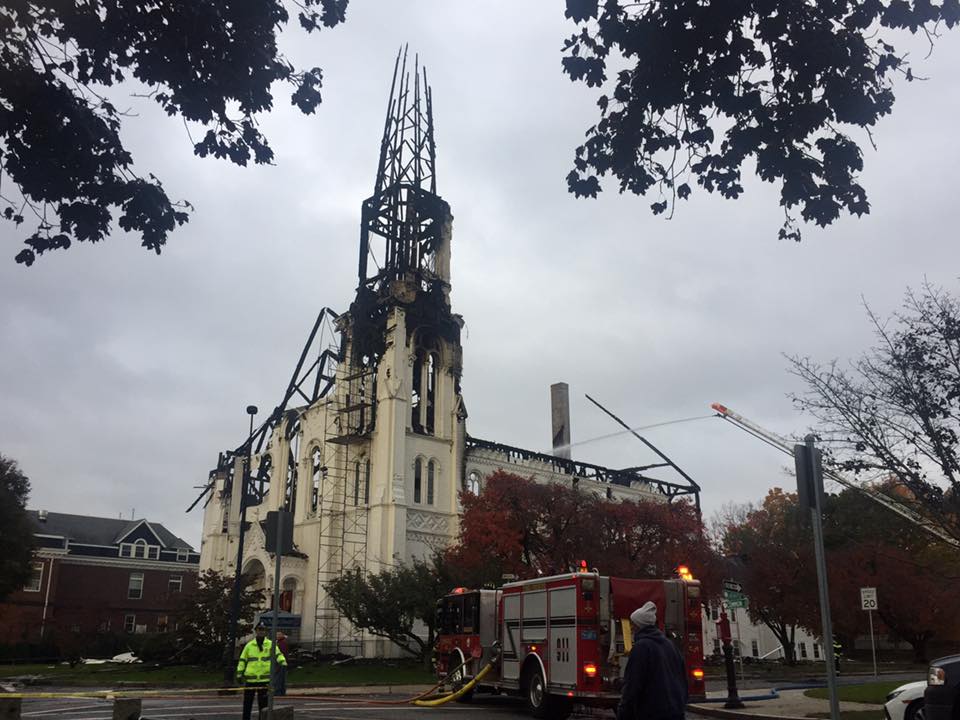 First Baptist Church in Wakefield, Massachusetts, after it was destroyed by fire. Photo by Deborah Knight. 