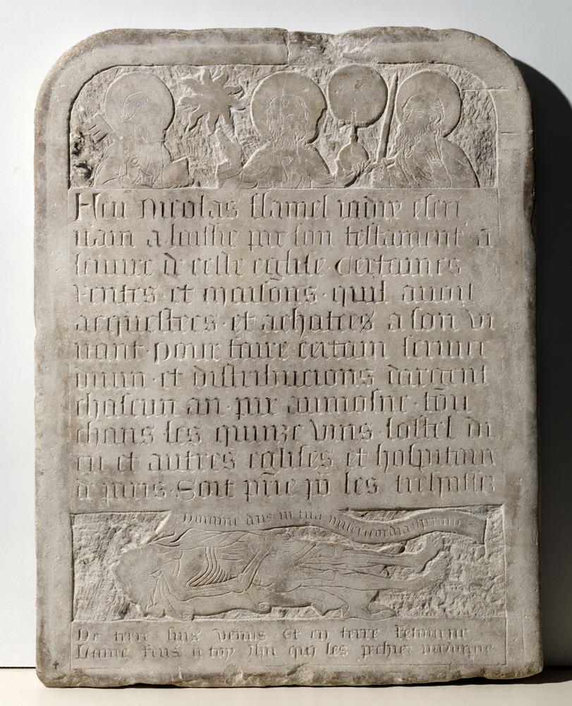 Tombstone of Nicolas Flamel (circa 15th century, Paris). After his death, Flamel, a Parisian landlord, was rumored to have discovered how to make the Philosopher's Stone. Photo ©Musée de Cluny, Musée national du Moyen Âge, Paris.