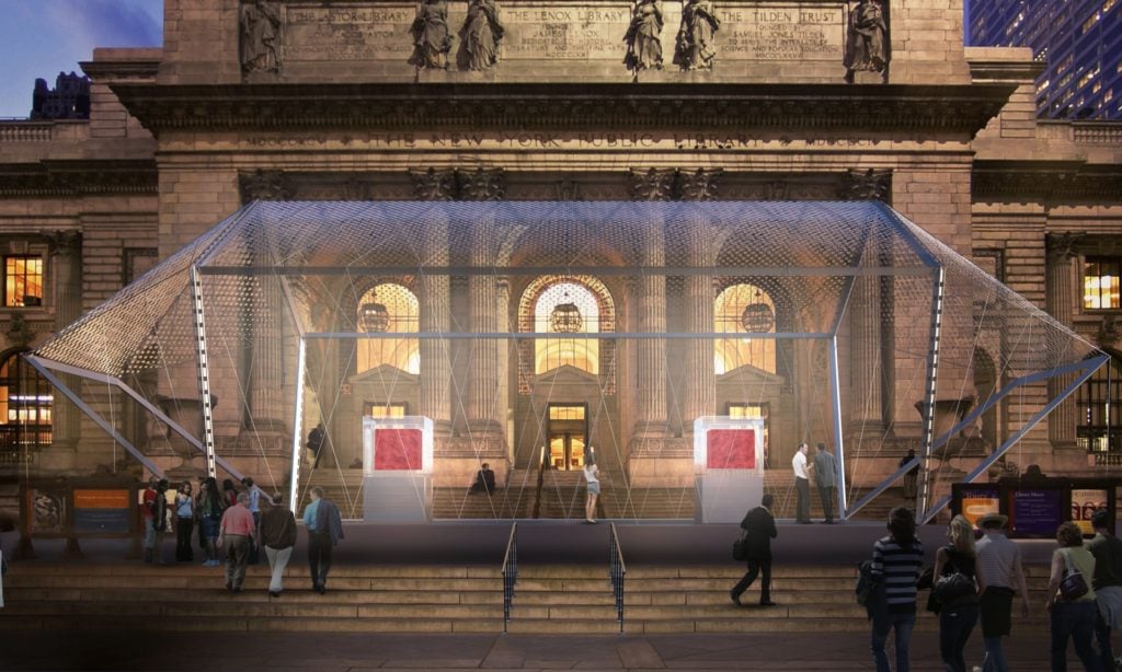 A rendering of Marc Quinn's Odyssey housed in its Norman Foster-designed pavilion outside the New York Public Library. Image courtesy of Marc Quinn studio/Human Love Worldwide/Norman Foster Foundation.