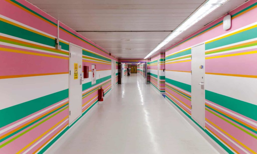 Bridget Riley's new mural at St Mary’s Hospital in London joins two works she made 20 years ago on other floors in the building. Photo by Peter Cook.