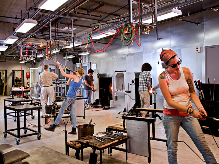 Students in a glassblowing class at College for Creative Studies in Detroit. Image courtesy of College for Creative Studies.