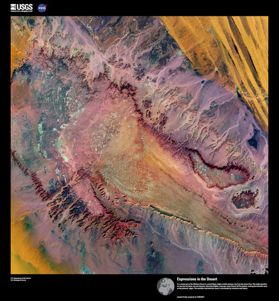 Landsat 8, <em>Expressions in the Desert</em>. In a remote part of the Western Desert in central Egypt, highly eroded plateaus rise from the desert floor. The bright speckles are ancient dry lakes, the salt deposits reflecting brightly. Long ago, water flowed off the plateau, forming the breaches seen on the plateaus’ edges. This desolate land between oases is surrounded by extensive sand dunes. Image courtesy of US Geological Survey/NASA.
