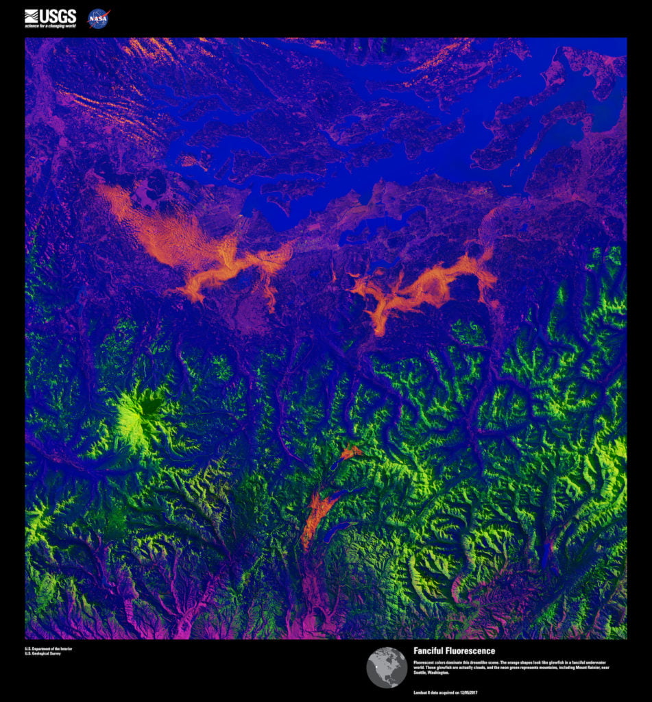 Landsat 8, <em>Fanciful Fluorescence</em>. Fluorescent colors dominate this dreamlike scene. The orange shapes look like glowfish in a fanciful underwater world. Those glowfish are actually clouds, and the neon green represents mountains, including Mount Rainier, near Seattle, Washington. Image courtesy of US Geological Survey/NASA.