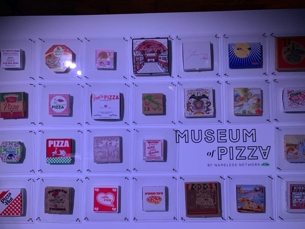Selections from Scott Weiner's Guinness Book of World Records-recognized pizza box collection at the Museum of Pizza. Photo by Sarah Cascone. 